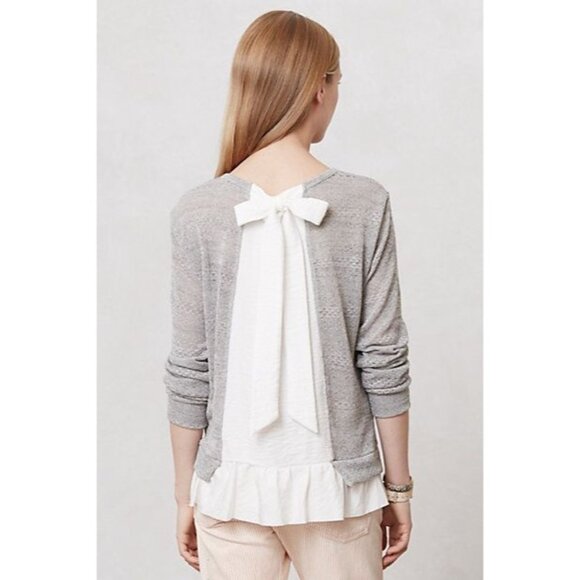 Anthropologie X Clu Willoughby Shimmer Knit Ruffle Hem Bow Back L/S Top - Picture 1 of 16